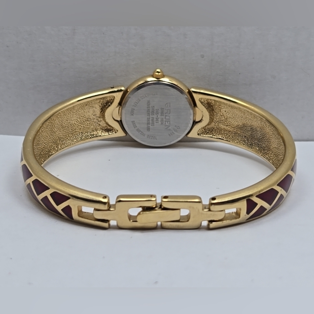 Womens Vintage Gruen Watch Gold Tone Red Enamel Bracelet Quartz New Battery Runs - Picture 7 of 12